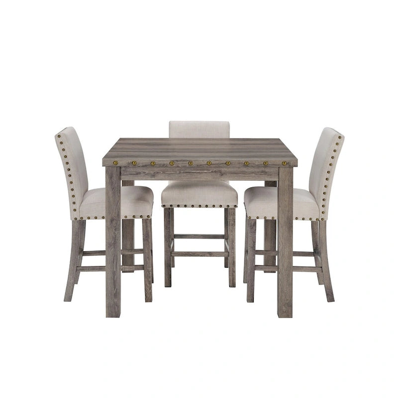 Table de bar carrée 5 pièces de style ferme avec 4 tabourets de comptoir rembourrés