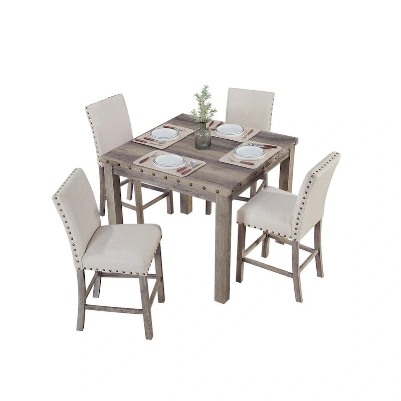 Table de bar carrée 5 pièces de style ferme avec 4 tabourets de comptoir rembourrés