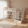 White Full Pine Loft Bed with Bookshelf, Drawers, Desk, Wardrobe, Storage Stair