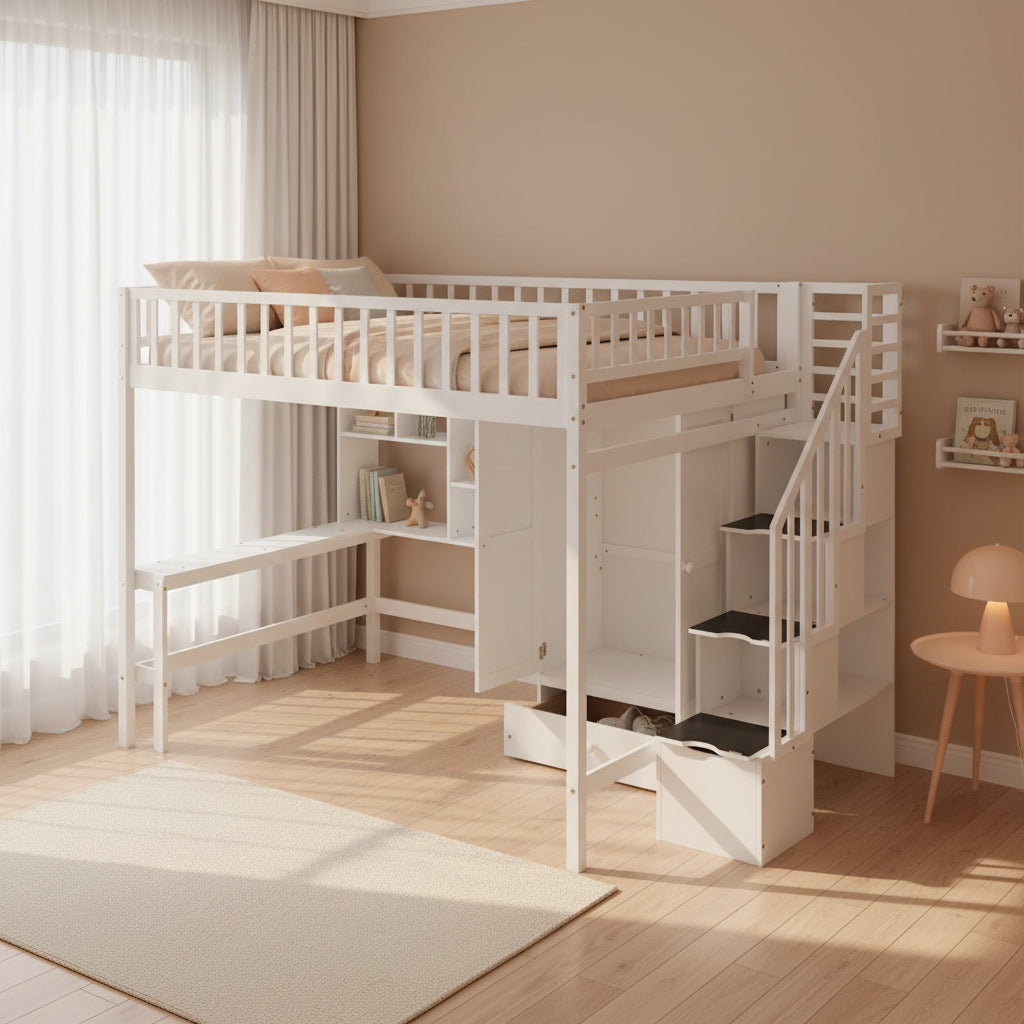 White Full Pine Loft Bed with Bookshelf, Drawers, Desk, Wardrobe, Storage Stair