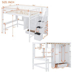 Lit mezzanine blanc en pin massif avec étagère, tiroirs, bureau et armoire