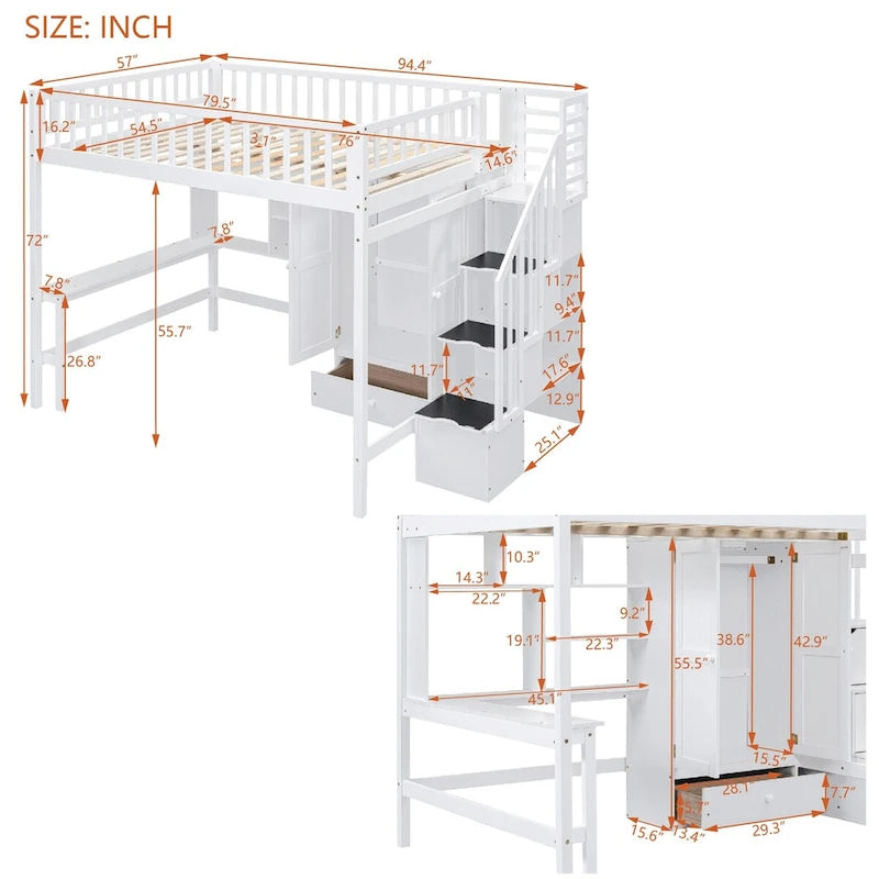 Lit mezzanine blanc en pin massif avec étagère, tiroirs, bureau et armoire