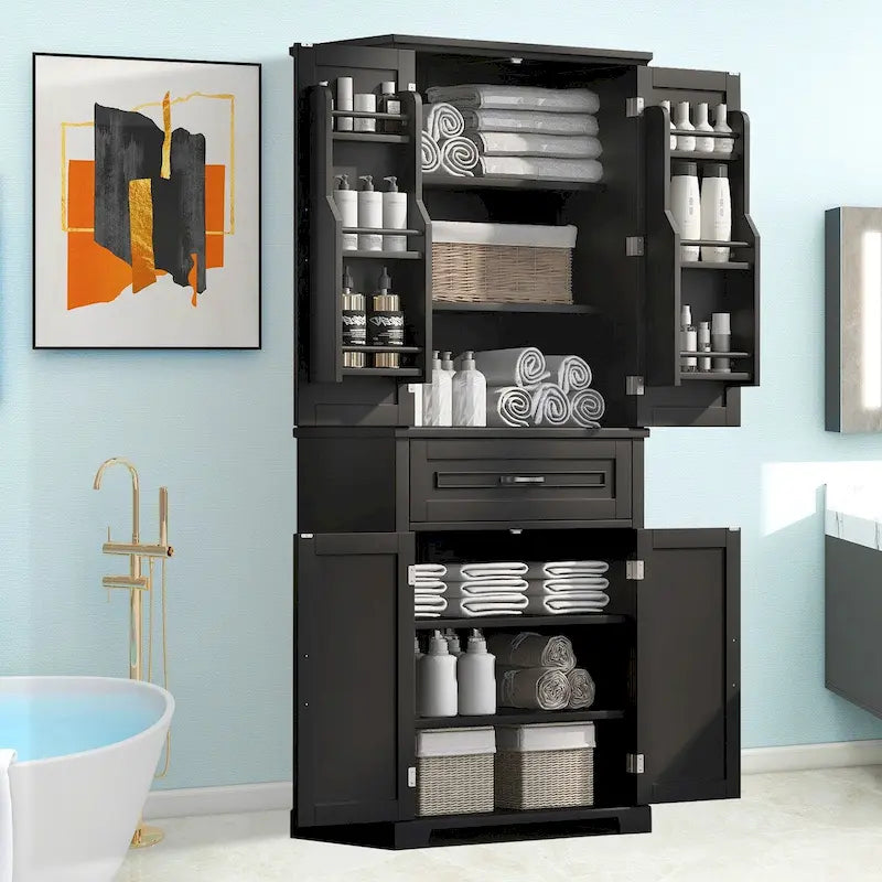 Meuble de rangement de salle de bain avec portes, tiroir et étagère réglable