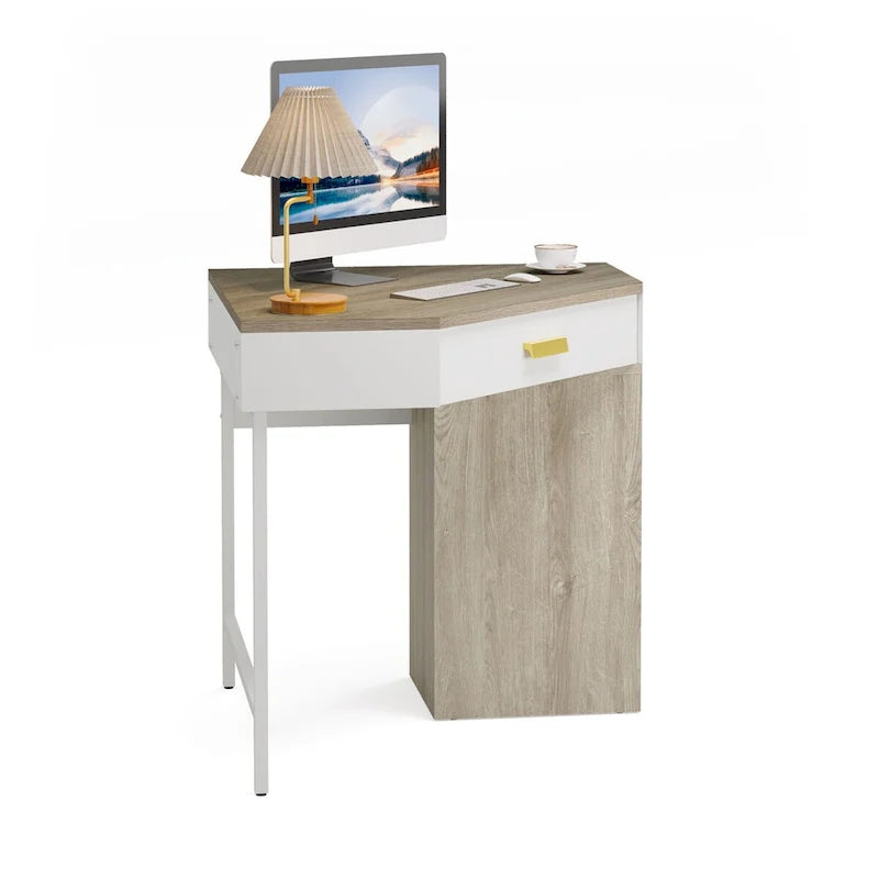 Bureau d'angle informatique en bois et métal avec 4 tiroirs