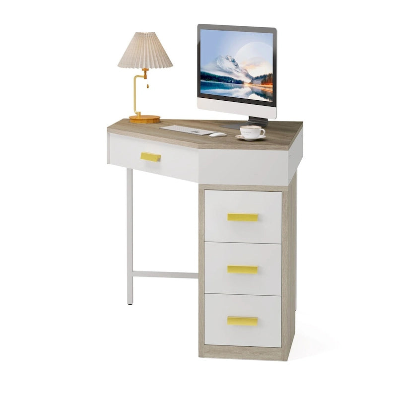 Bureau d'angle informatique en bois et métal avec 4 tiroirs