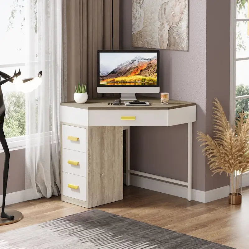 Bureau d'angle informatique en bois et métal avec 4 tiroirs
