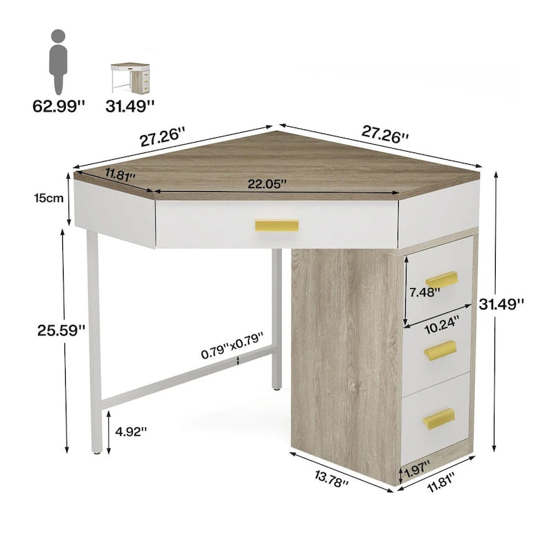 Bureau d'angle informatique en bois et métal avec 4 tiroirs