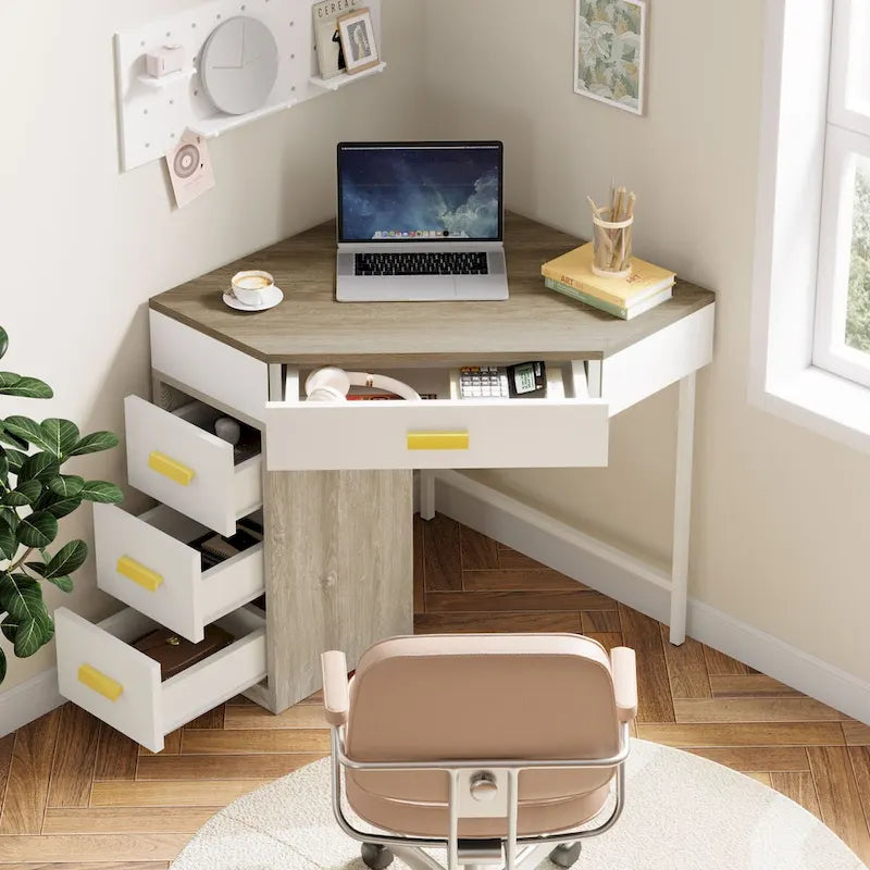 Bureau d'angle informatique en bois et métal avec 4 tiroirs