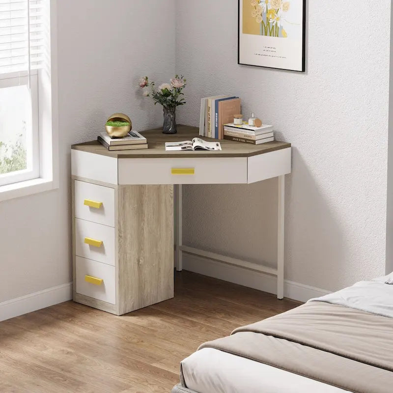 Bureau d'angle informatique en bois et métal avec 4 tiroirs