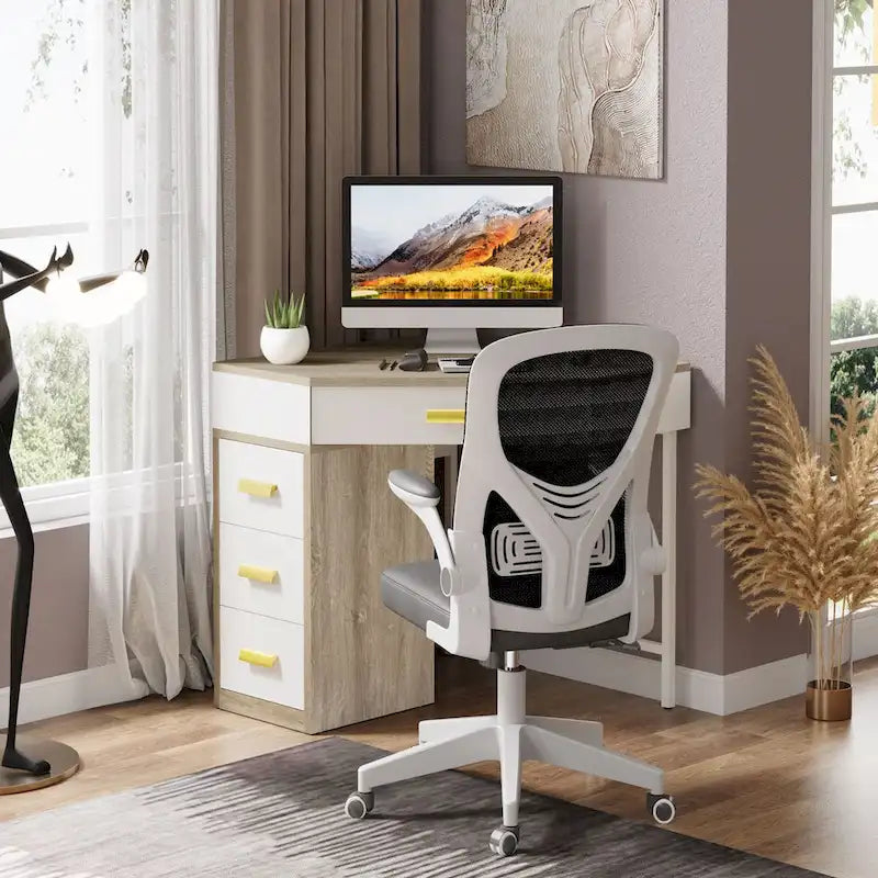 Bureau d'angle informatique en bois et métal avec 4 tiroirs
