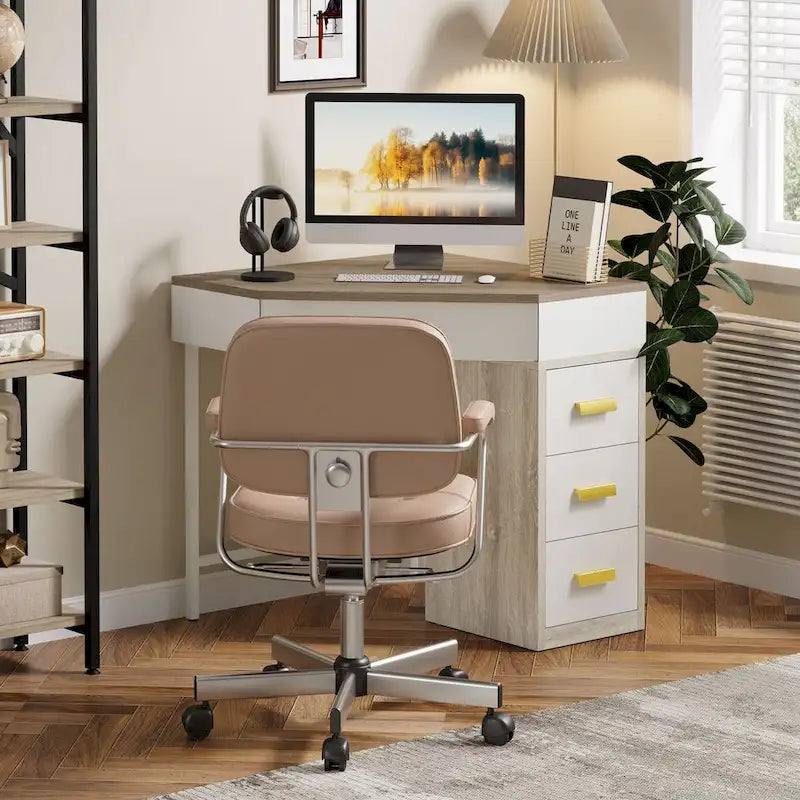 Bureau d'angle informatique en bois et métal avec 4 tiroirs