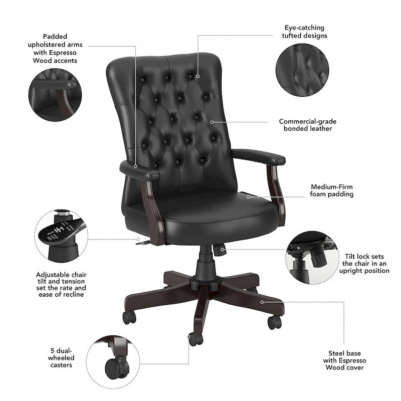 Chaise de bureau capitonnée à dossier haut avec accoudoirs